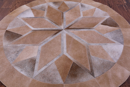 Brown Round Patchwork Natural Cowhide Rug - 5' 0