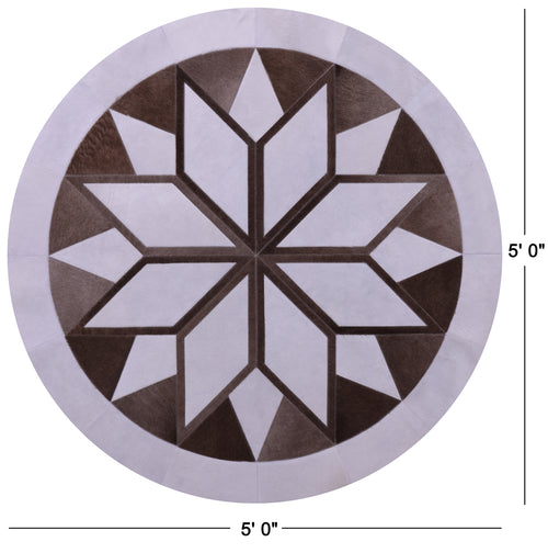 Brown & White Round Patchwork Natural Cowhide Rug - 5' 0