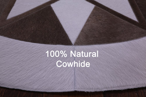 Brown & White Round Patchwork Natural Cowhide Rug - 5' 0