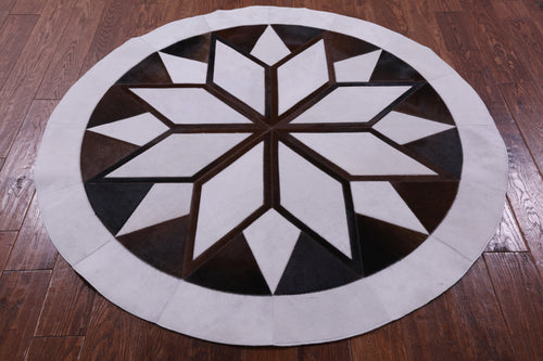 Brown & White Round Patchwork Natural Cowhide Rug - 5' 0