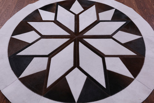 Brown & White Round Patchwork Natural Cowhide Rug - 5' 0