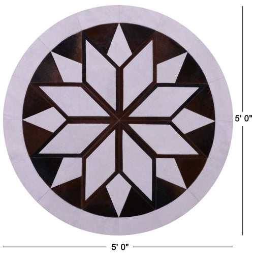 Brown & White Round Patchwork Natural Cowhide Rug - 5' 0