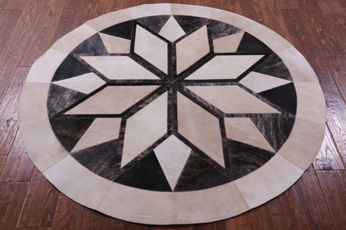 Brown Round Patchwork Natural Cowhide Rug - 5' 0