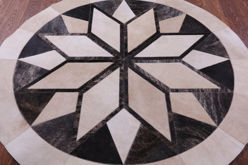 Brown Round Patchwork Natural Cowhide Rug - 5' 0