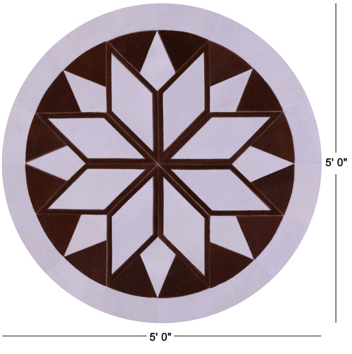 Brown & White Round Patchwork Natural Cowhide Rug - 5' 0