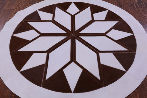 Brown & White Round Patchwork Natural Cowhide Rug - 5' 0