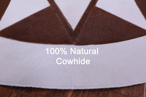 Brown & White Round Patchwork Natural Cowhide Rug - 5' 0