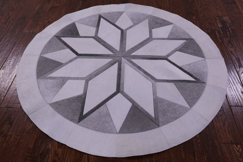 Grey & White Round Patchwork Natural Cowhide Rug - 5' 0