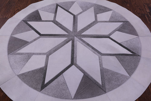 Grey & White Round Patchwork Natural Cowhide Rug - 5' 0