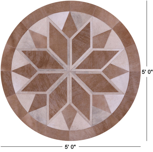 Brown Round Patchwork Natural Cowhide Rug - 5' 0