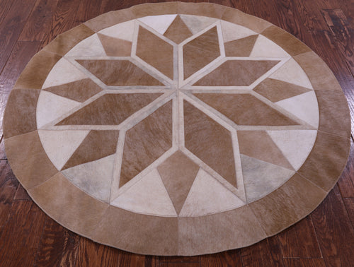 Brown Round Patchwork Natural Cowhide Rug - 5' 0