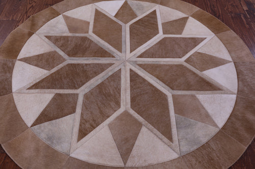 Brown Round Patchwork Natural Cowhide Rug - 5' 0
