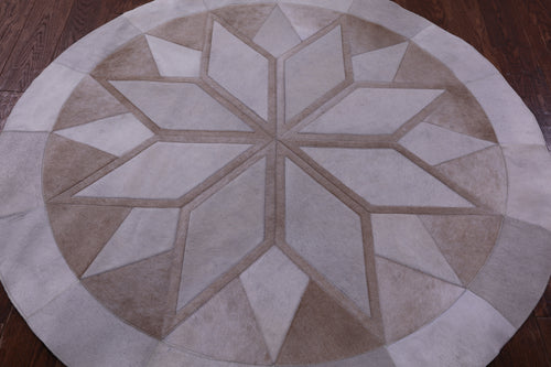 Brown Round Patchwork Natural Cowhide Rug - 5' 0