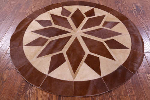 Brown Round Patchwork Natural Cowhide Rug - 5' 0