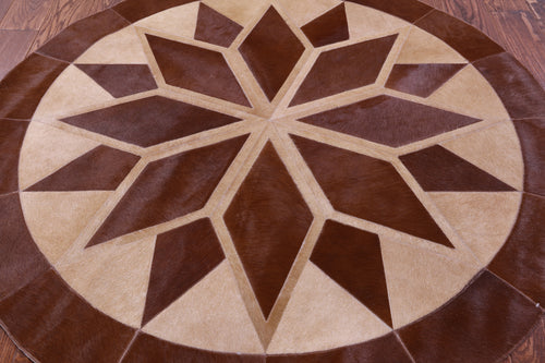 Brown Round Patchwork Natural Cowhide Rug - 5' 0
