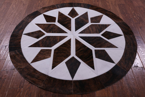 Brown & White Round Star Patchwork Natural Cowhide Rug - 5' 0