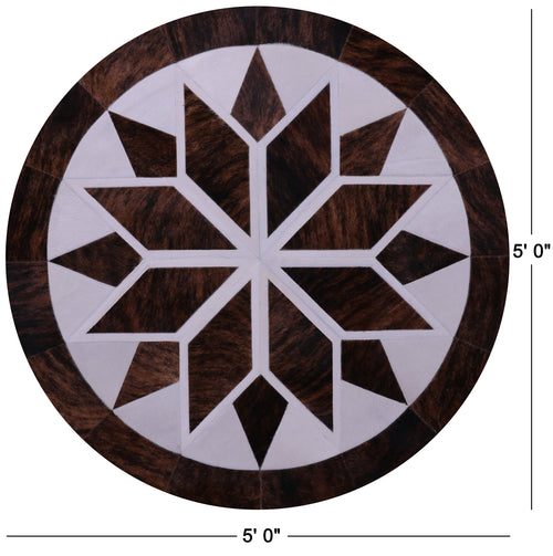 Brown & White Round Star Patchwork Natural Cowhide Rug - 5' 0
