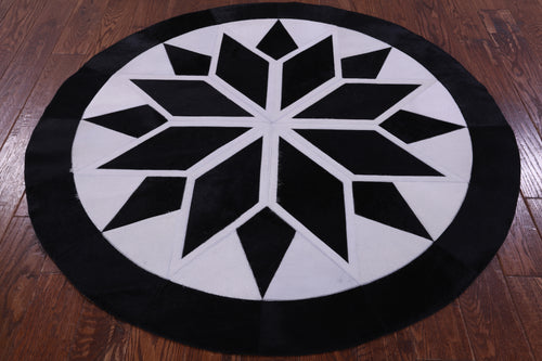 Black & White Round Patchwork Natural Cowhide Rug - 5' 0