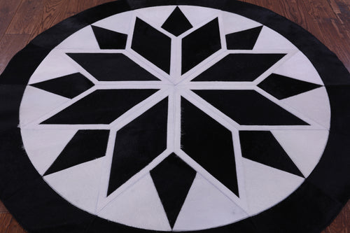 Black & White Round Patchwork Natural Cowhide Rug - 5' 0