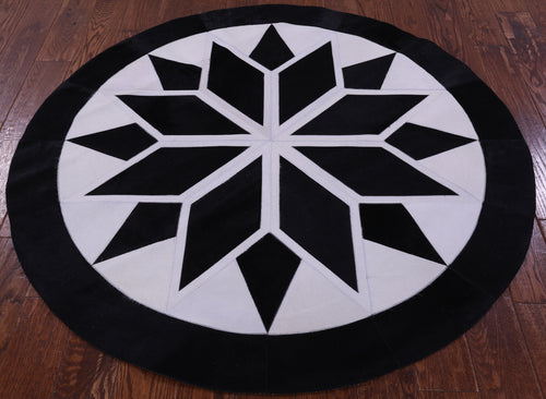 Black & White Round Patchwork Natural Cowhide Rug - 5' 0