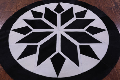 Black & White Round Patchwork Natural Cowhide Rug - 5' 0