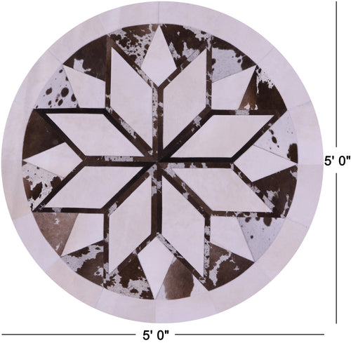 Brown & White Round Patchwork Natural Cowhide Rug - 5' 0