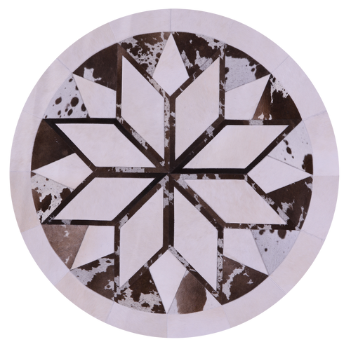 Brown & White Round Patchwork Natural Cowhide Rug - 5' 0