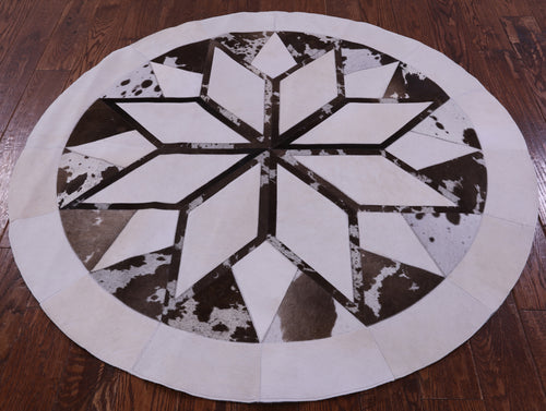Brown & White Round Patchwork Natural Cowhide Rug - 5' 0