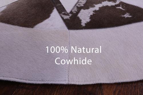 Brown & White Round Patchwork Natural Cowhide Rug - 5' 0
