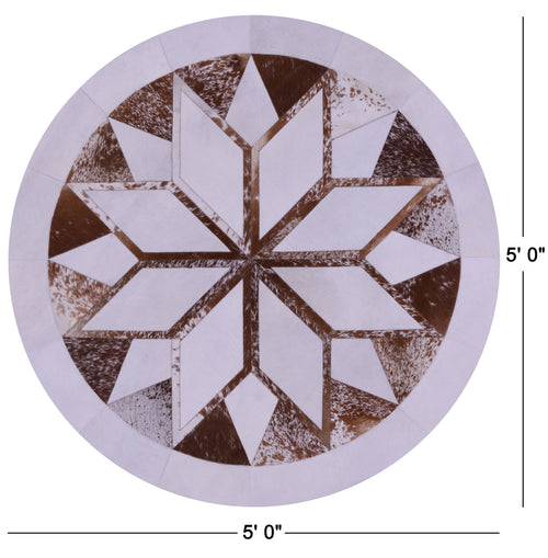 Brown & White Round Patchwork Natural Cowhide Rug - 5' 0