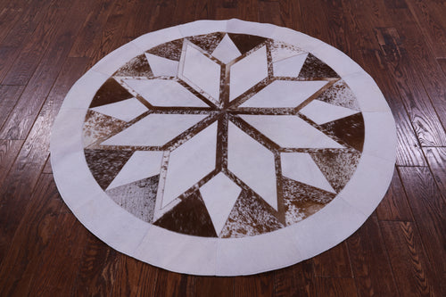 Brown & White Round Patchwork Natural Cowhide Rug - 5' 0