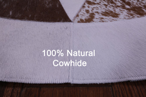 Brown & White Round Patchwork Natural Cowhide Rug - 5' 0