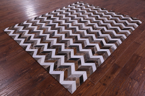 Brown & White Chevron Patchwork Grey Natural Cowhide Rug - 6' 7