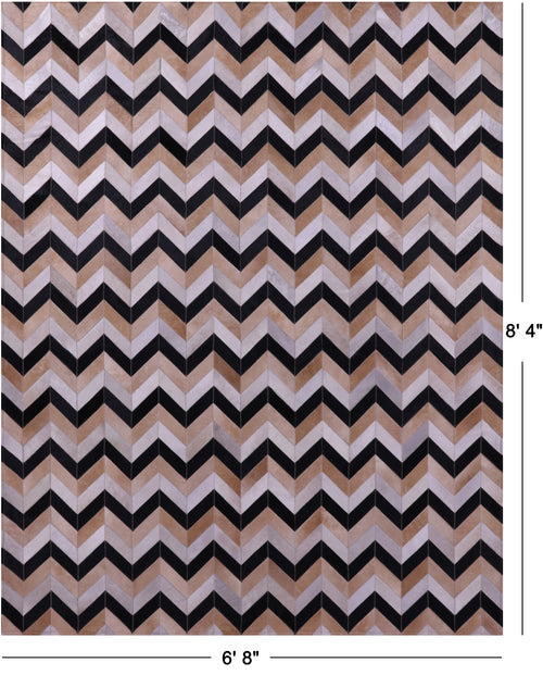 Brown & Beige Chevron Patchwork Black Natural Cowhide Rug - 6' 8