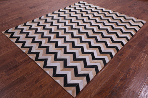 Brown & Beige Chevron Patchwork Black Natural Cowhide Rug - 6' 8