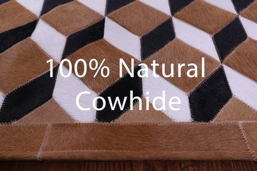 Brown & White Square Patchwork Black Natural Cowhide Rug - 5' 0