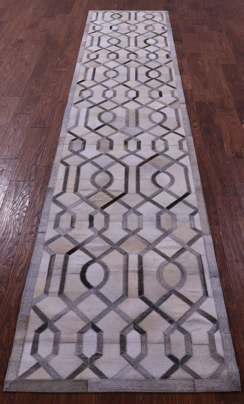 Grey & White Patchwork Natural Cowhide Runner Rug - 2' 6