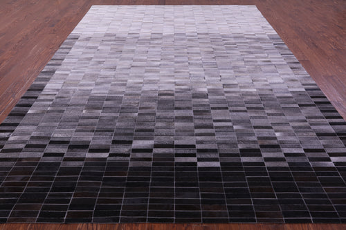 Grey & White Gradient Brickwork Patchwork Natural Cowhide Rug - 9' 0