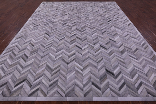 Grey Chevron Patchwork Natural Cowhide Rug - 9' 0