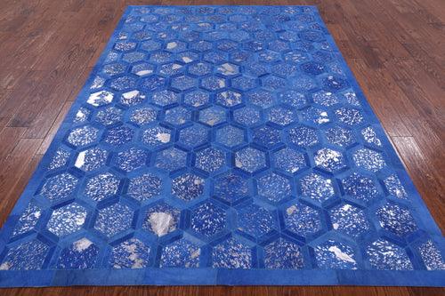 Blue Patchwork Natural Cowhide Rug - 6' 0