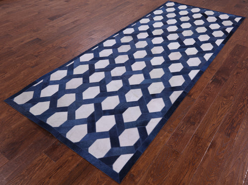 Blue & White Patchwork Natural Cowhide Runner Rug - 4' 0