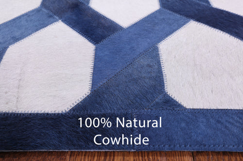 Blue & White Patchwork Natural Cowhide Runner Rug - 4' 0