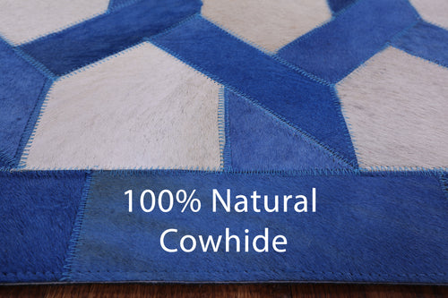 Blue & White Square Patchwork Natural Cowhide Rug - 8' 0