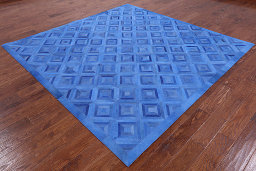 Blue Square Patchwork Natural Cowhide Rug - 8' 0