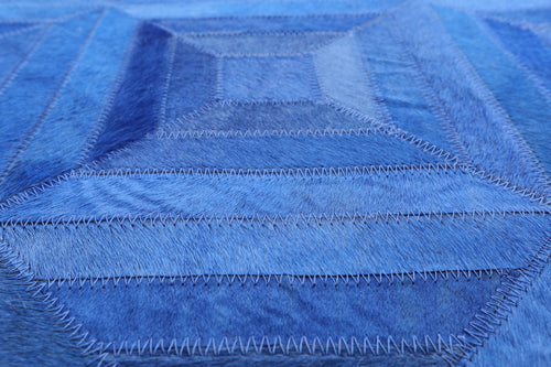 Blue Square Patchwork Natural Cowhide Rug - 8' 0