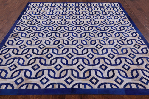 Blue & White Square Patchwork Natural Cowhide Rug - 8' 0
