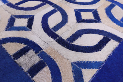 Blue & White Square Patchwork Natural Cowhide Rug - 8' 0