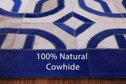 Blue & White Square Patchwork Natural Cowhide Rug - 8' 0