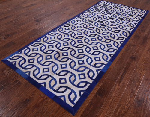 Blue & White Patchwork Natural Cowhide Runner Rug - 4' 0