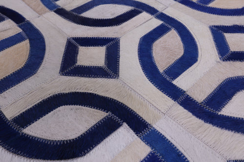 Blue & White Patchwork Natural Cowhide Runner Rug - 4' 0